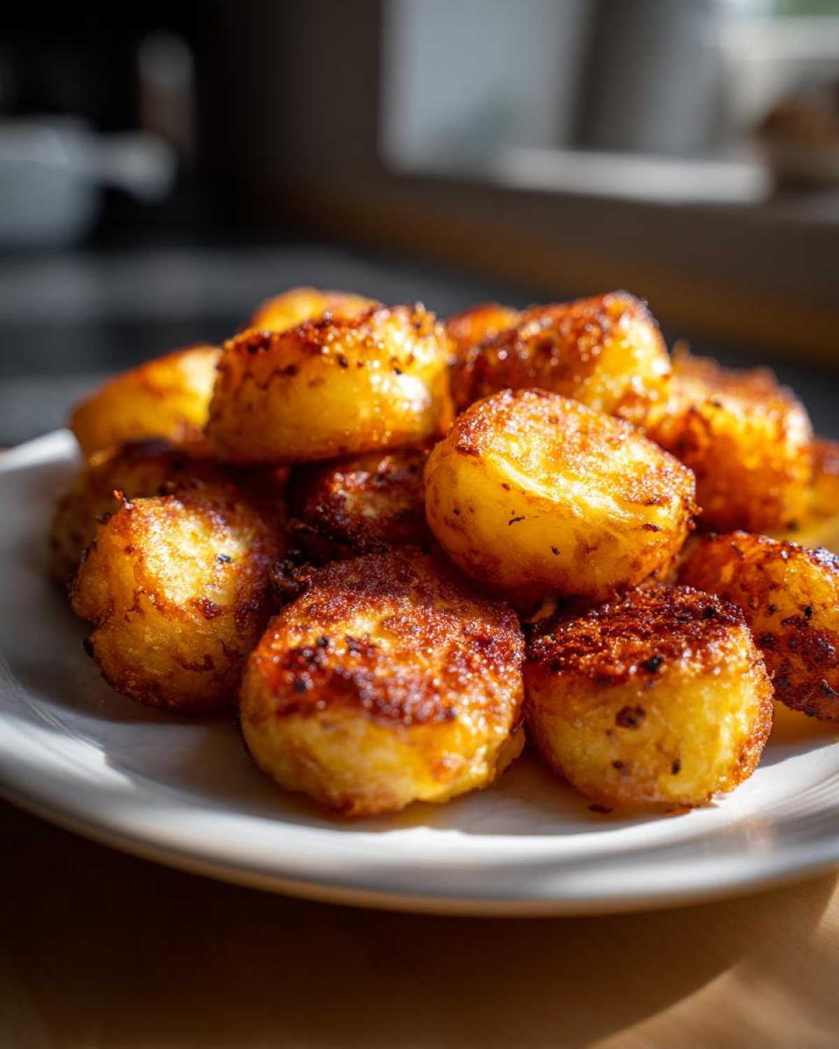 Close-up of perfectly crispy, golden-brown sliced breakfast potatoes piled high on a white plate.