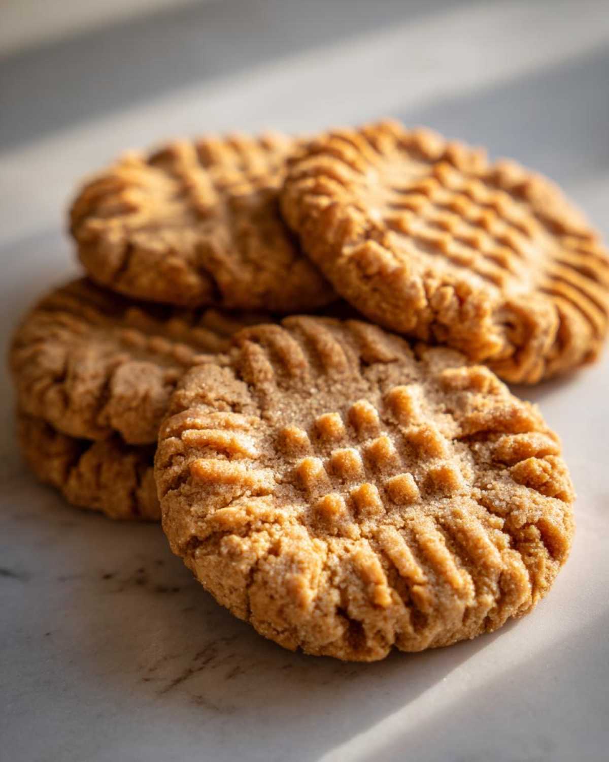 A stack of freshly baked peanut butter cookies featuring the classic criss-cross fork marks, sitting on a marble surface.