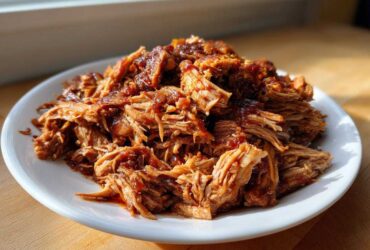 A generous serving of saucy, shredded crock pot pulled pork piled high on a white plate.
