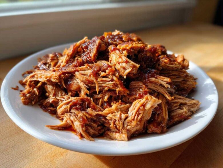 A generous serving of saucy, shredded crock pot pulled pork piled high on a white plate.