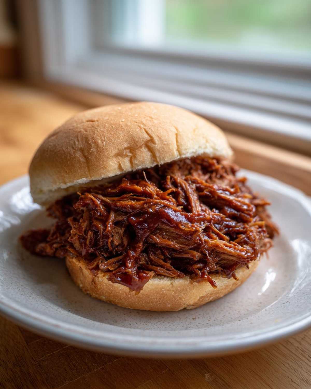 A close-up of a delicious crock pot pulled pork sandwich piled high on a soft bun, served on a light plate.