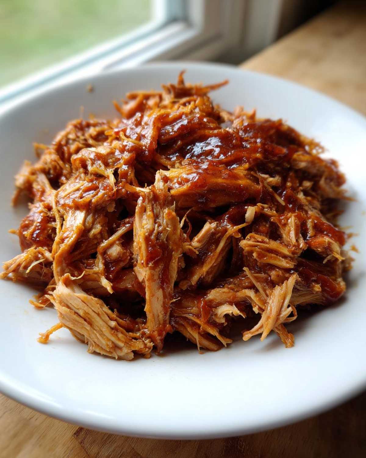 Close-up of tender, shredded crock pot pulled pork generously coated in barbecue sauce, served in a white bowl.