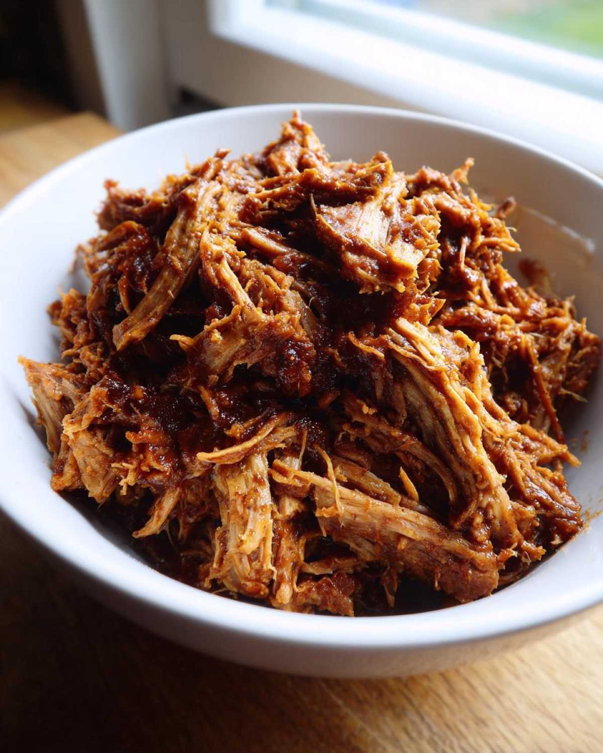 Close-up of shredded, saucy crock pot pulled pork piled high in a white bowl.
