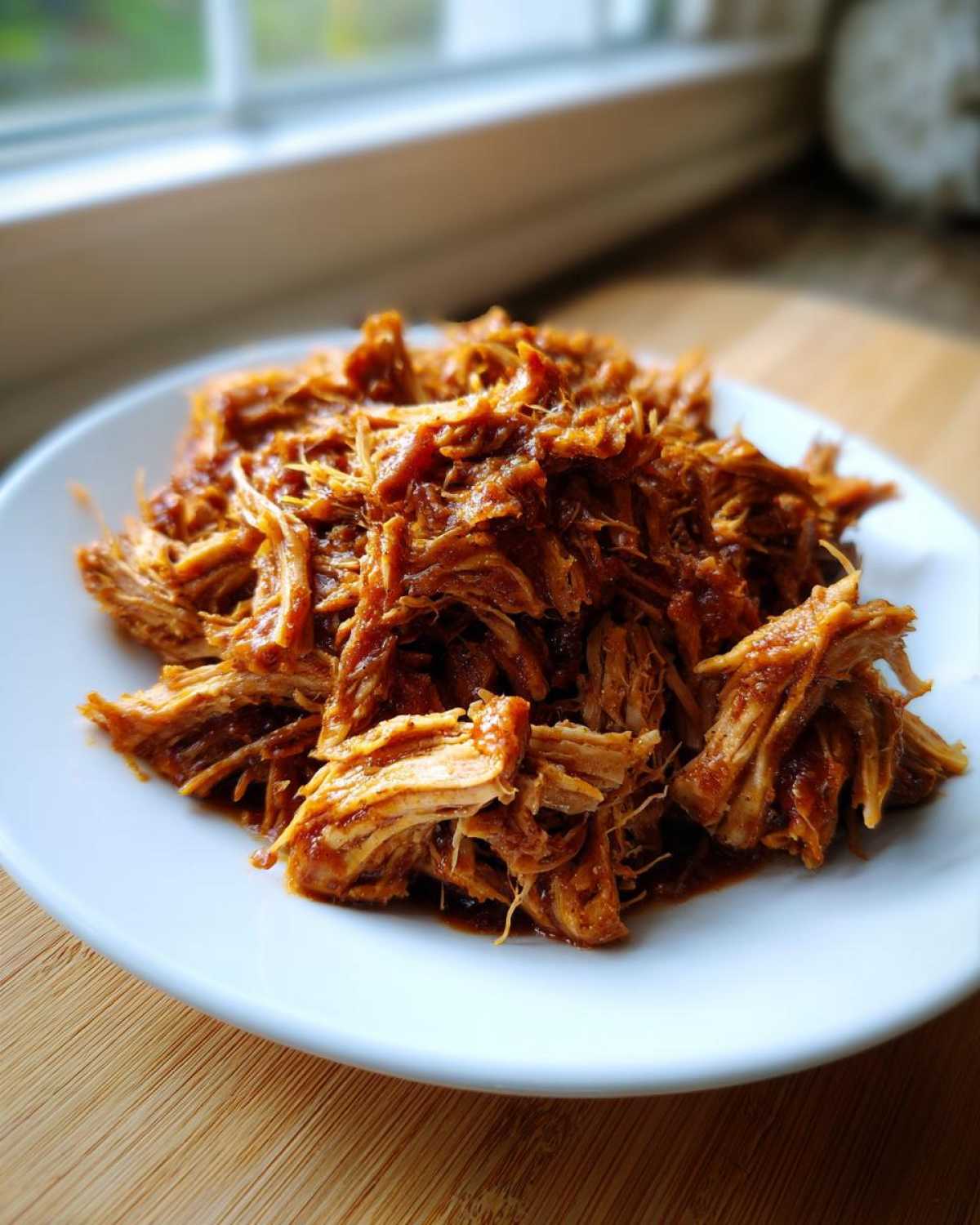 A close-up of tender, saucy crock pot pulled pork piled high on a white plate.