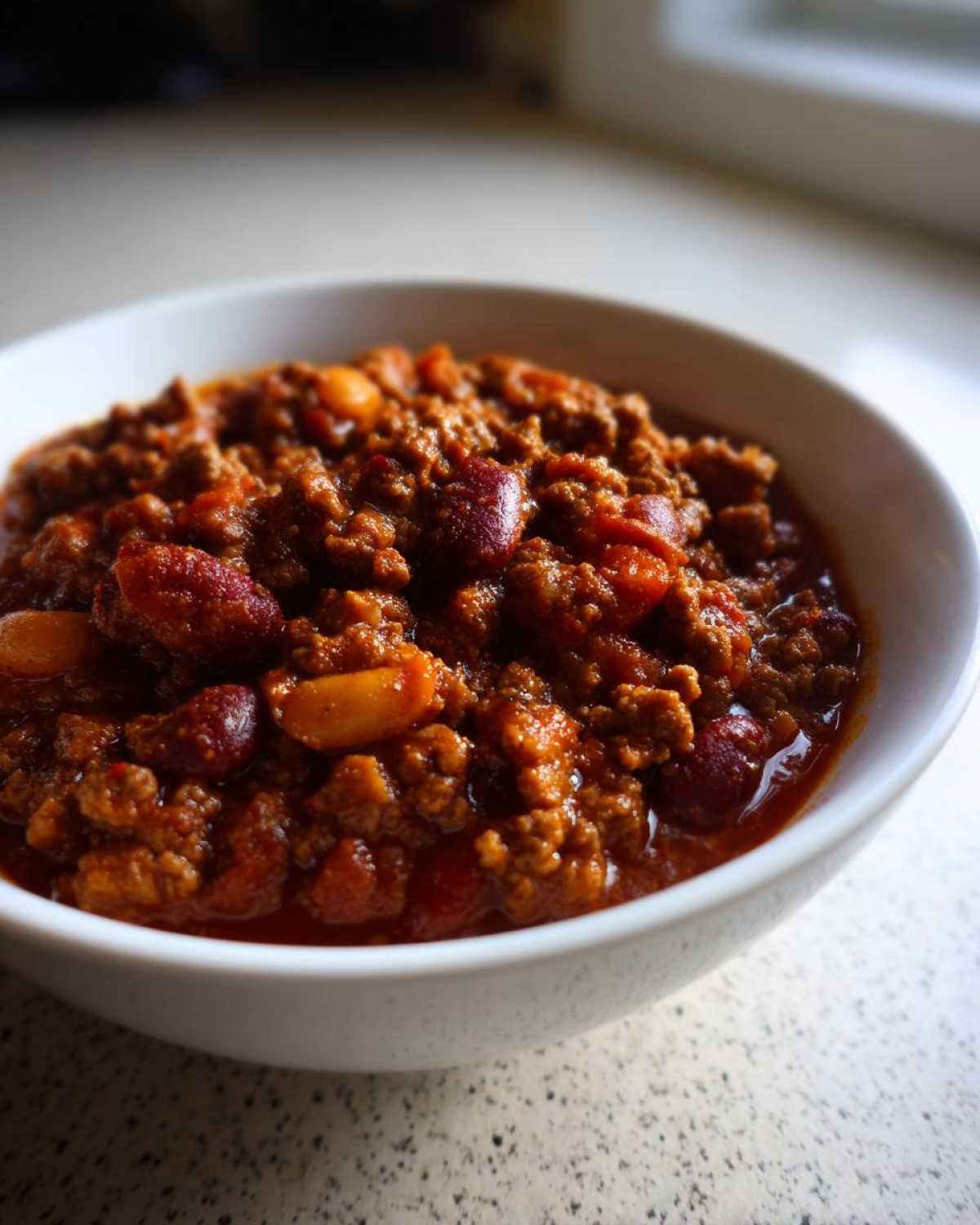 Close-up of a white bowl filled with rich, meaty crockpot chili featuring kidney beans and a thick sauce.