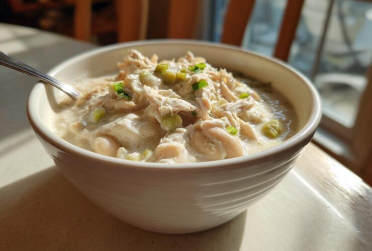 A close-up of a white bowl filled with creamy crockpot white chicken chili, topped with shredded chicken and green onions.