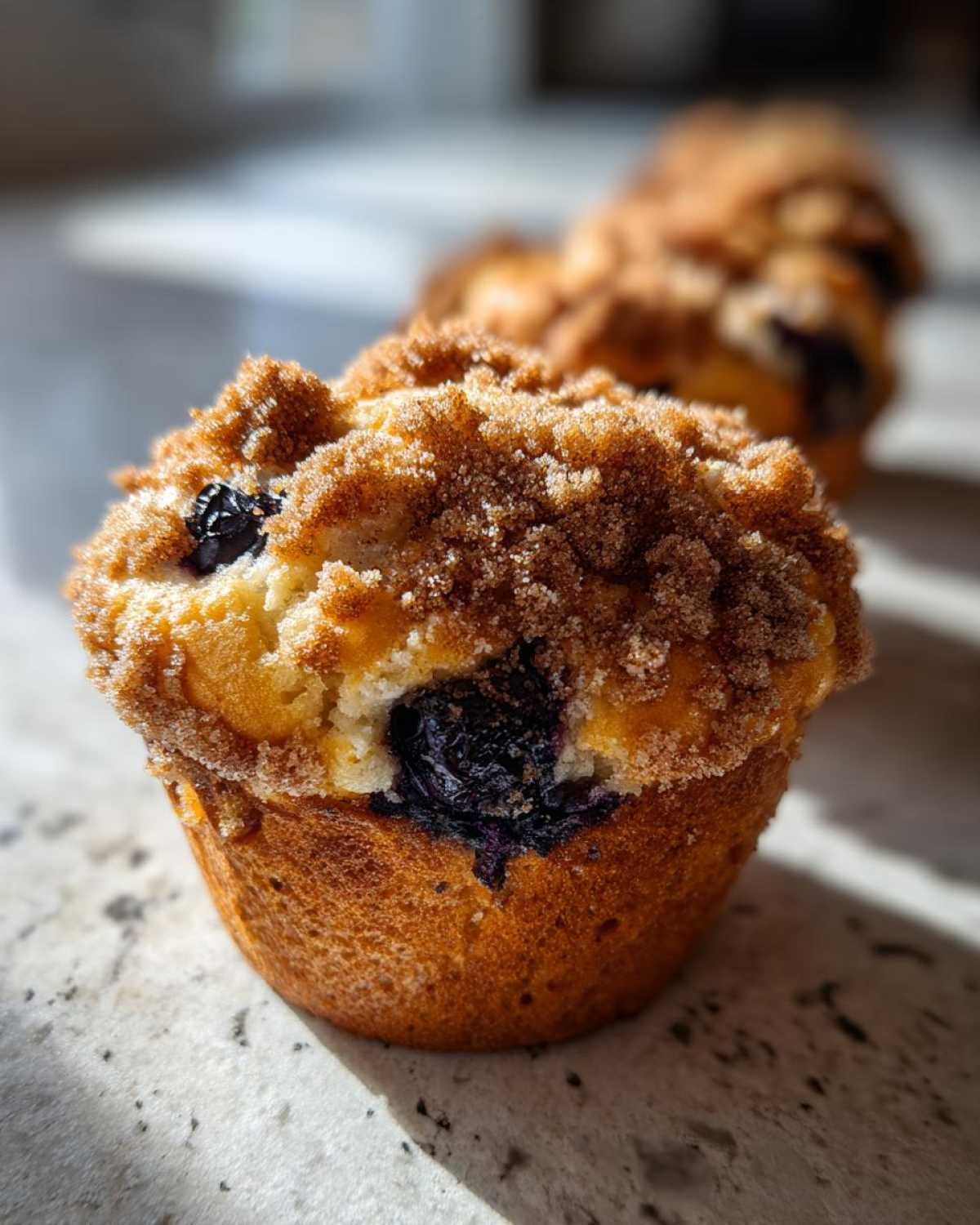 A close-up, low-angle shot of a golden-brown blueberry muffin with a thick cinnamon sugar crumb topping.