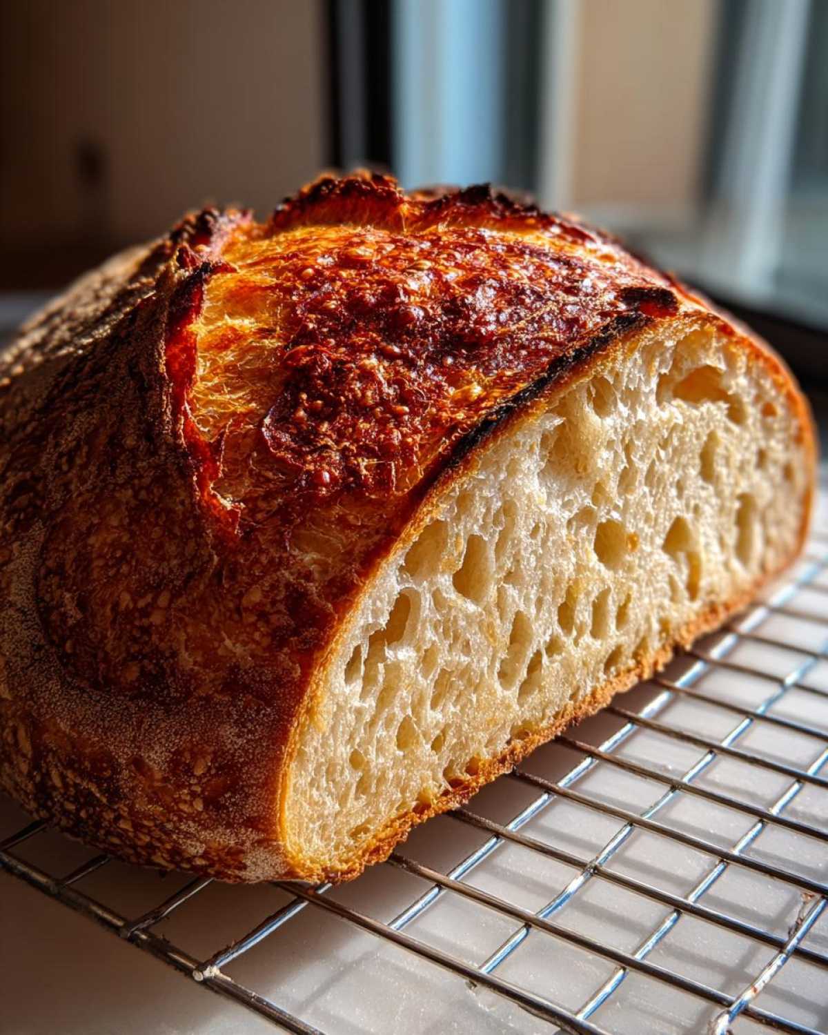 Close-up of a freshly baked Italian bread loaf, cut in half, showing an open crumb structure and dark, blistered crust.