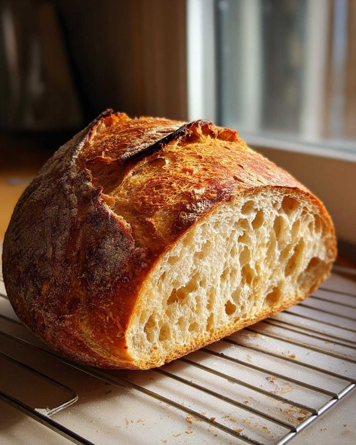 A half loaf of freshly baked Italian bread showing a golden crust and an open, airy crumb structure, resting on a cooling rack.