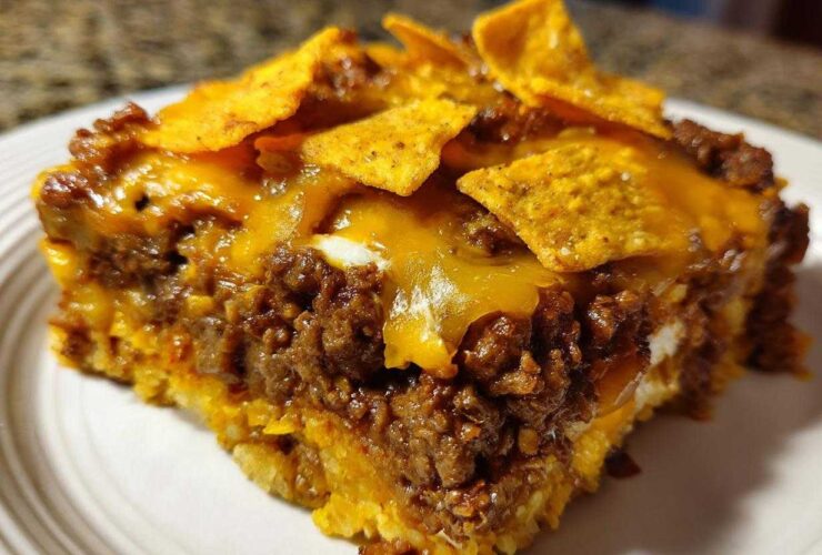Close-up of a hearty slice of Dorito Casserole featuring seasoned ground beef, melted cheese, and crunchy Doritos on top.