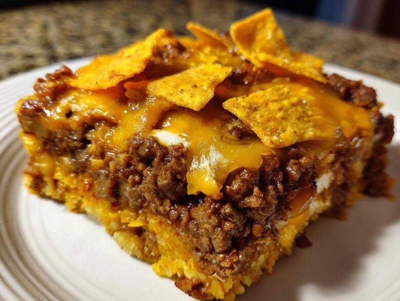 Close-up of a hearty slice of Dorito Casserole featuring seasoned ground beef, melted cheese, and crunchy Doritos on top.