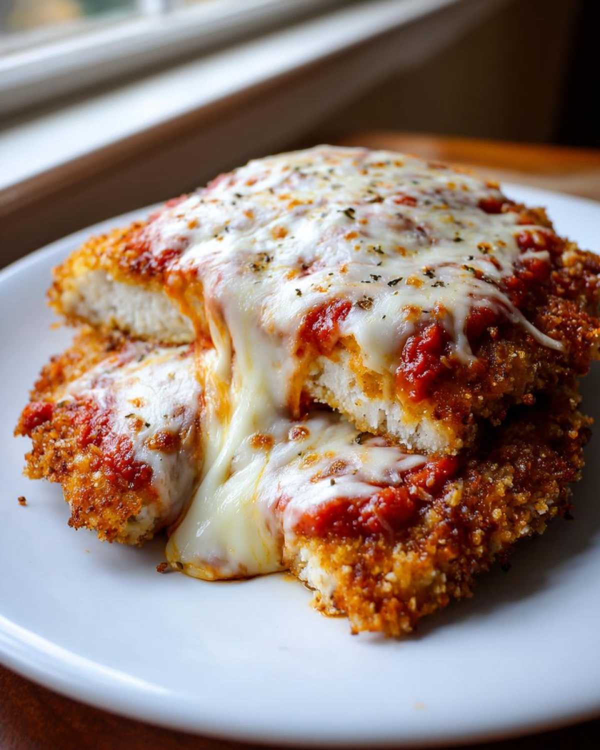 Two pieces of Easy Chicken Parmesan stacked, showing melted mozzarella cheese dripping over crispy breading and tomato sauce.