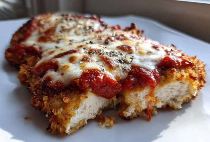A close-up of two pieces of Easy Chicken Parmesan, showing the crispy breading, bright red sauce, and melted mozzarella cheese.