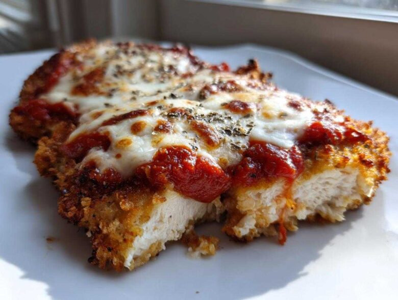 A close-up of two pieces of Easy Chicken Parmesan, showing the crispy breading, bright red sauce, and melted mozzarella cheese.