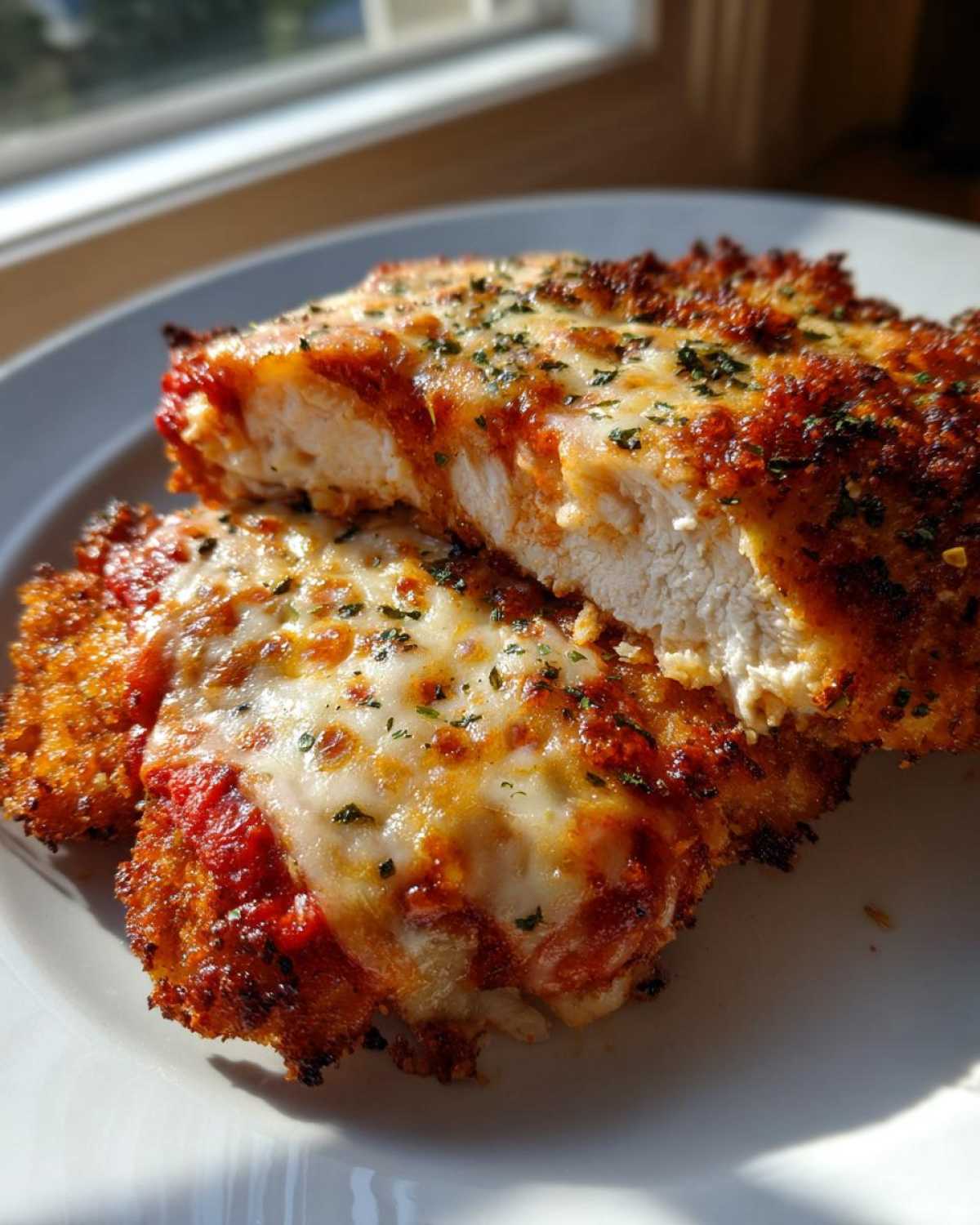 Close-up of a serving of Easy Chicken Parmesan cut in half, showing crispy breading, melted cheese, and juicy white chicken meat.