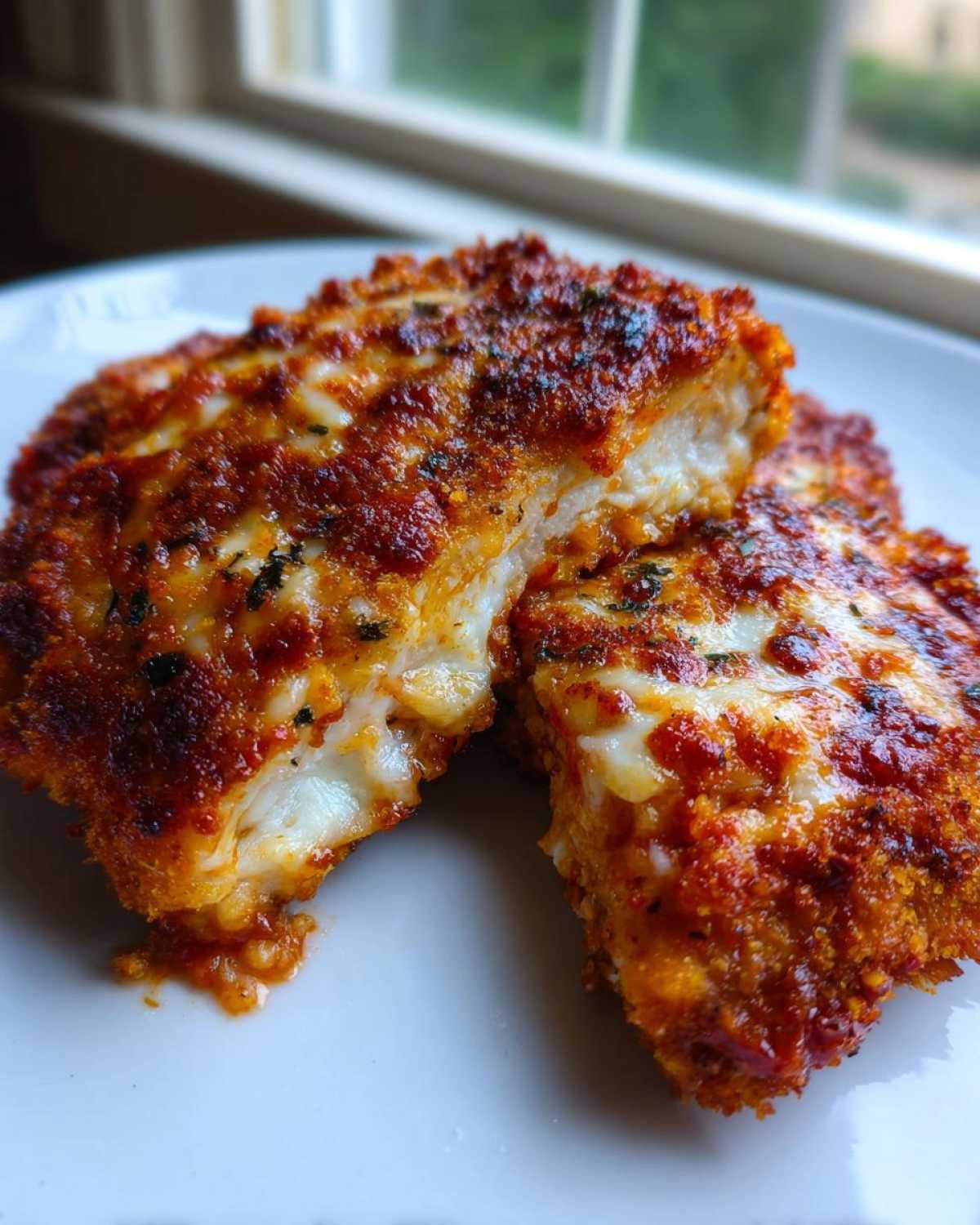 Close-up of Easy Chicken Parmesan cut in half showing melted mozzarella and crispy breading.