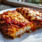 Two pieces of crispy Easy Chicken Parmesan topped with melted cheese and marinara sauce on a white plate.
