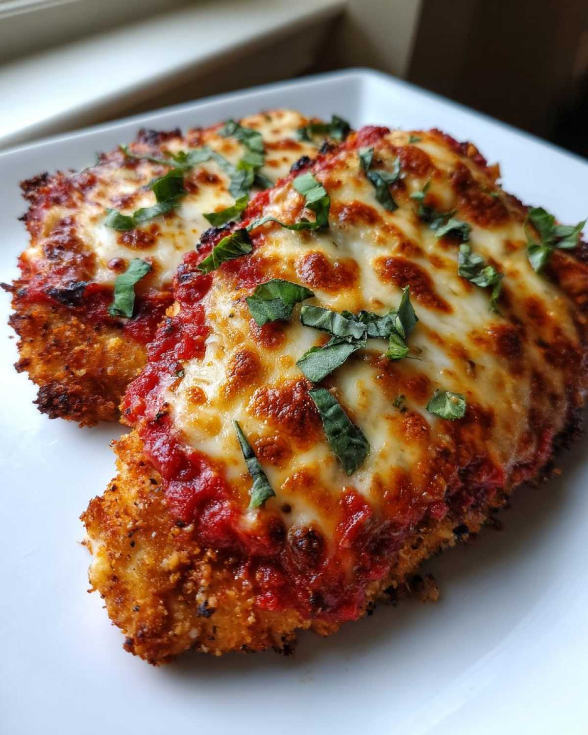 Two golden-brown portions of Easy Chicken Parmesan topped with melted mozzarella, red sauce, and fresh basil.