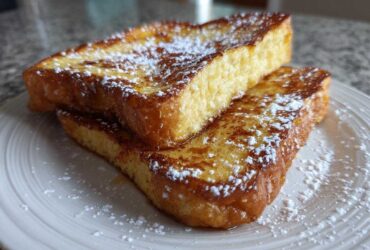 Two slices of golden brown easy french toast stacked and dusted with powdered sugar on a white plate.