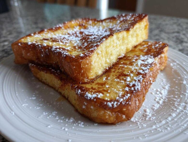 Two slices of golden brown easy french toast stacked and dusted with powdered sugar on a white plate.