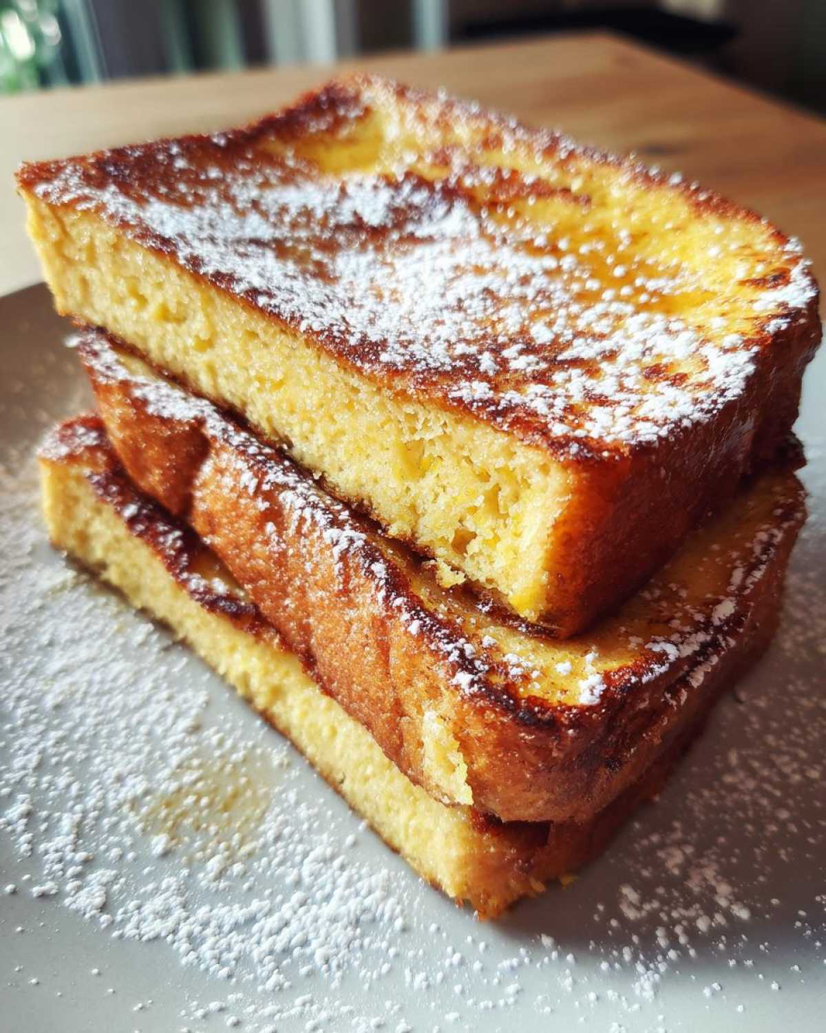 A close-up stack of three thick slices of golden brown easy french toast dusted generously with powdered sugar.