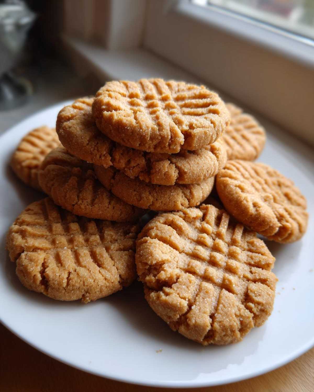 A stack of freshly baked Easy Peanut Butter Cookies with classic criss-cross fork marks, resting on a white plate near a window.