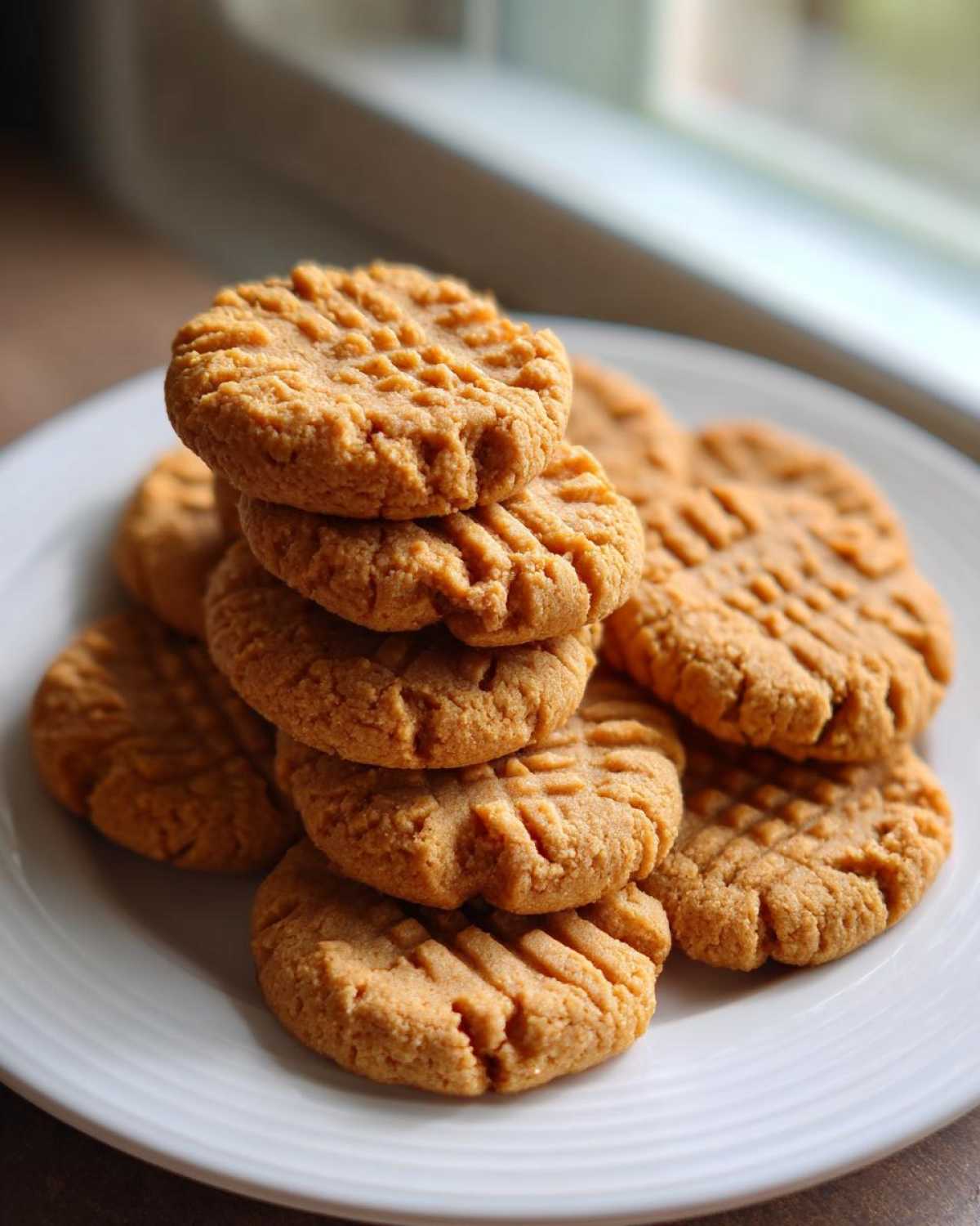 A stack of golden brown Easy Peanut Butter Cookies with classic fork crosshatch marks on a white plate.