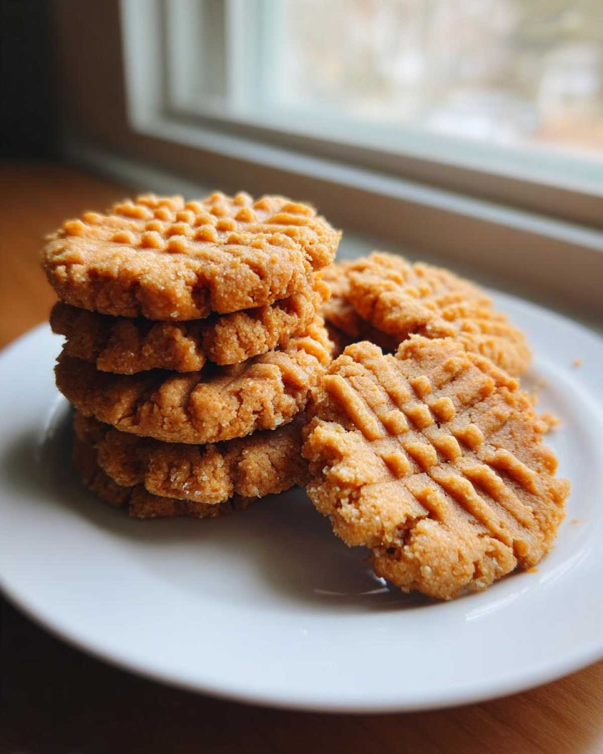 A stack and pile of golden brown Easy Peanut Butter Cookies showing classic crosshatch fork marks on a white plate.