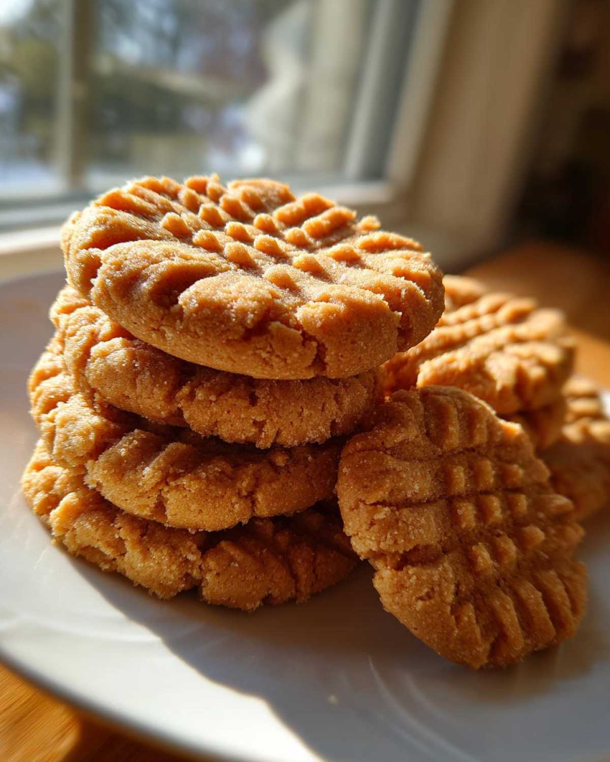 A stack of golden brown Easy Peanut Butter Cookies showing classic criss-cross fork marks, resting on a white plate.