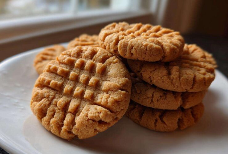 A stack of freshly baked Easy Peanut Butter Cookies featuring classic crisscross fork marks, served on a white plate.