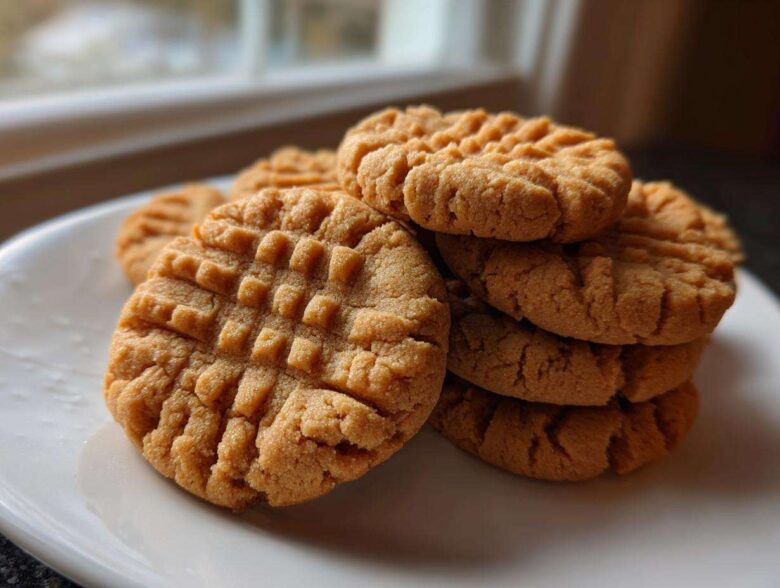 A stack of freshly baked Easy Peanut Butter Cookies featuring classic crisscross fork marks, served on a white plate.