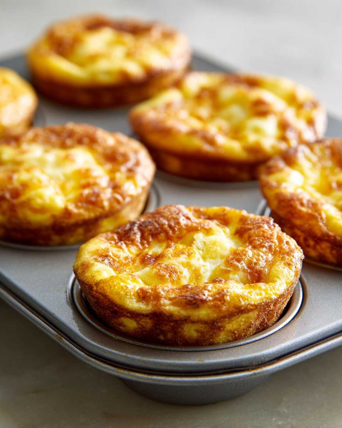 Close-up of golden brown Egg Muffin Cups baked directly in a metal muffin tin.