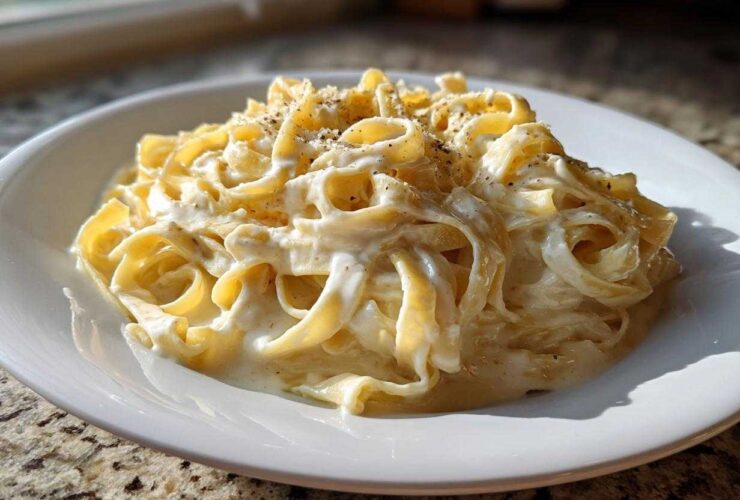 A close-up of fettuccine pasta generously coated in creamy homemade alfredo sauce and topped with black pepper.