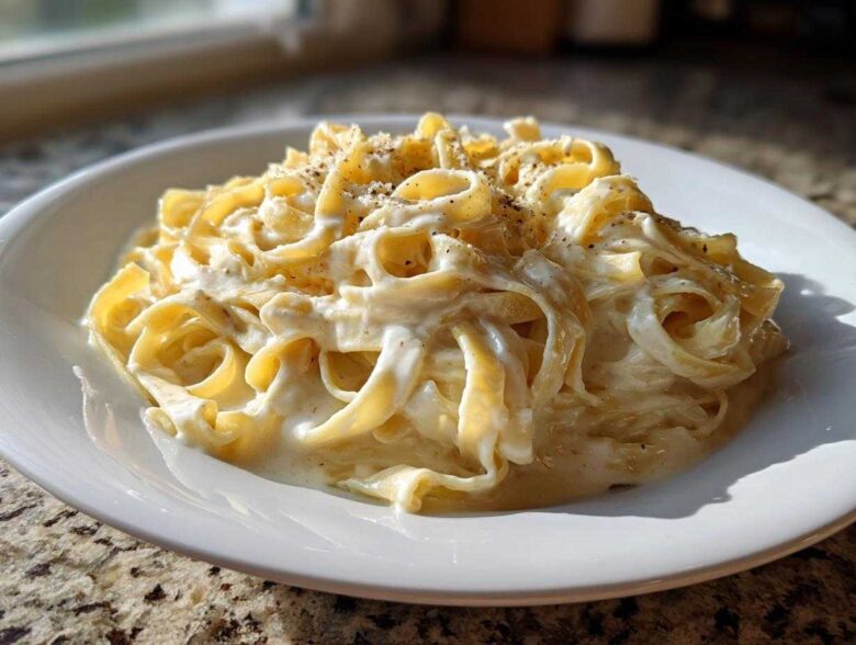 A close-up of fettuccine pasta generously coated in creamy homemade alfredo sauce and topped with black pepper.