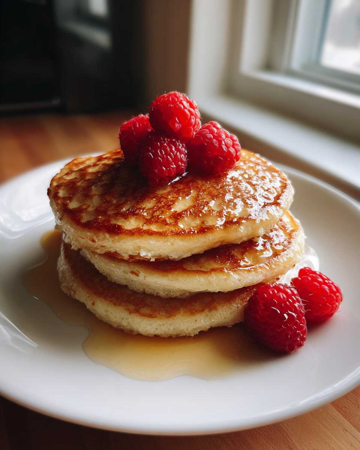 A stack of three fluffy almond flour pancakes drizzled with syrup and topped with fresh raspberries.