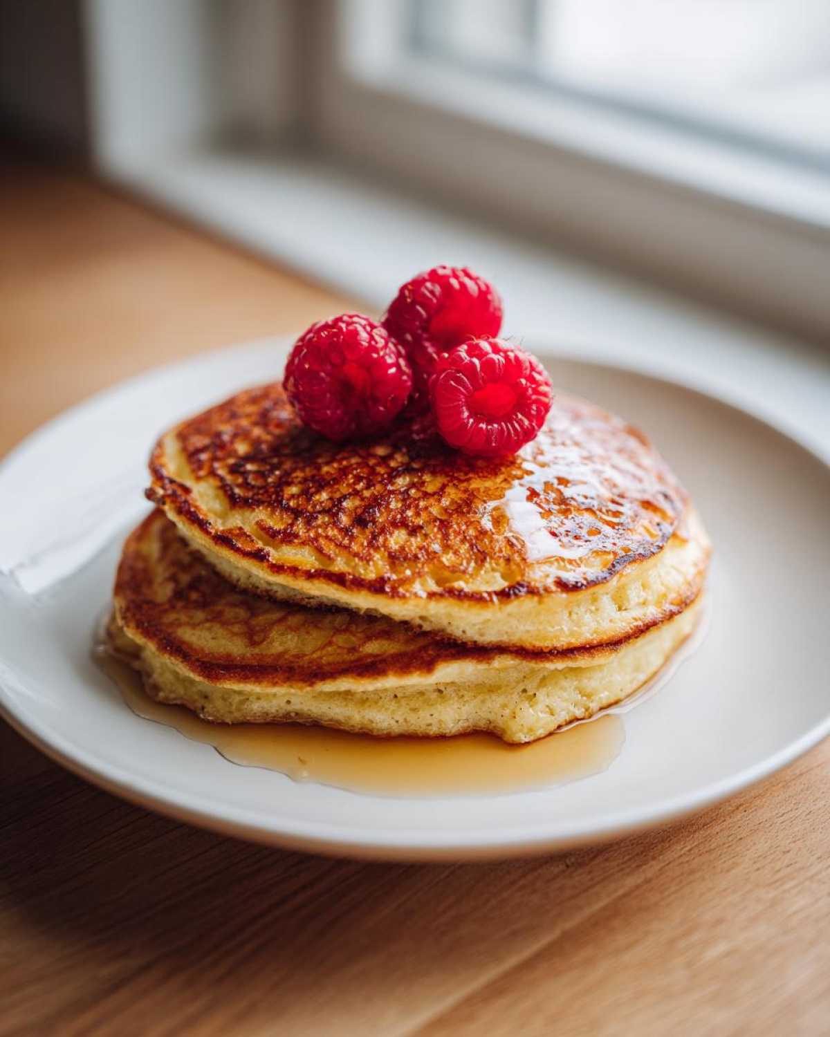 Two fluffy almond flour pancakes stacked and drizzled with syrup, topped with three fresh raspberries.
