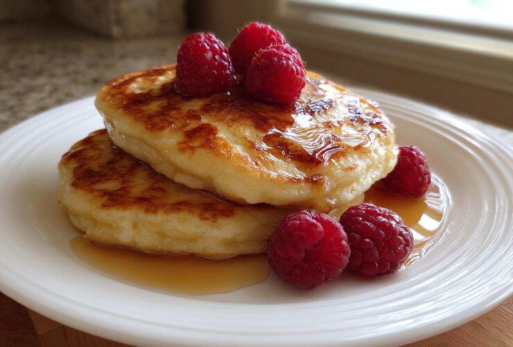 A stack of two fluffy almond flour pancakes drizzled with syrup and topped with fresh raspberries.