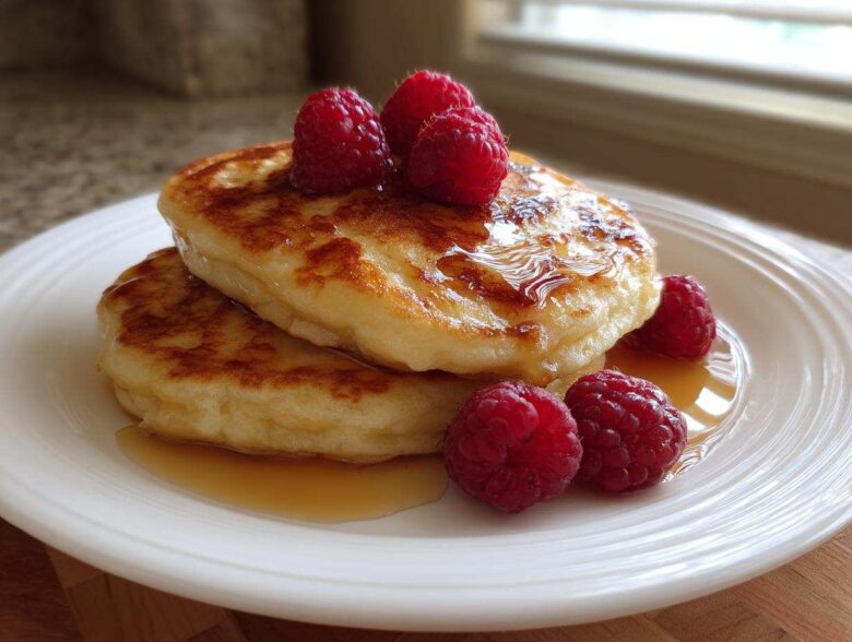 A stack of two fluffy almond flour pancakes drizzled with syrup and topped with fresh raspberries.