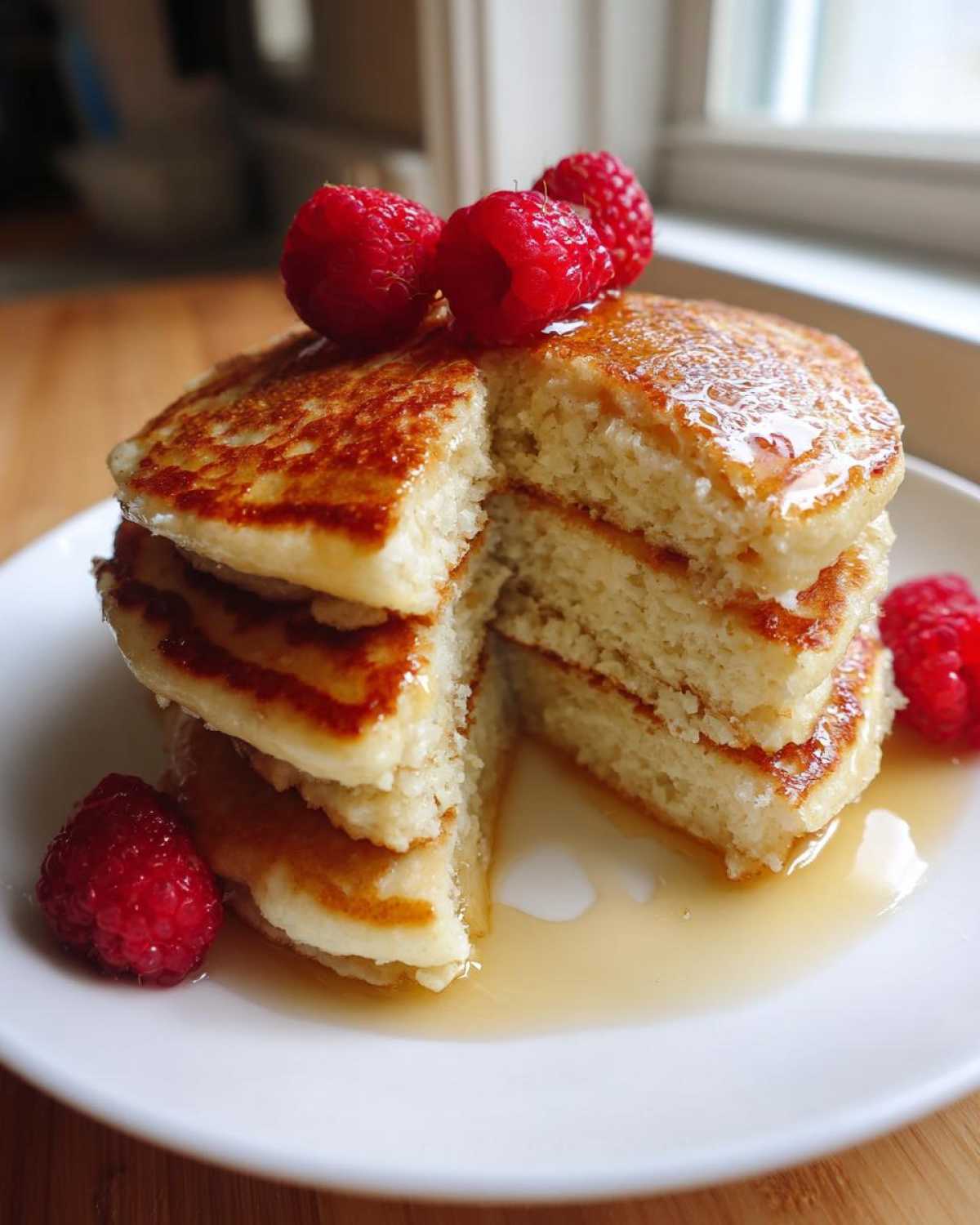 A tall stack of fluffy almond flour pancakes, cut open to show texture, topped with fresh raspberries and syrup.