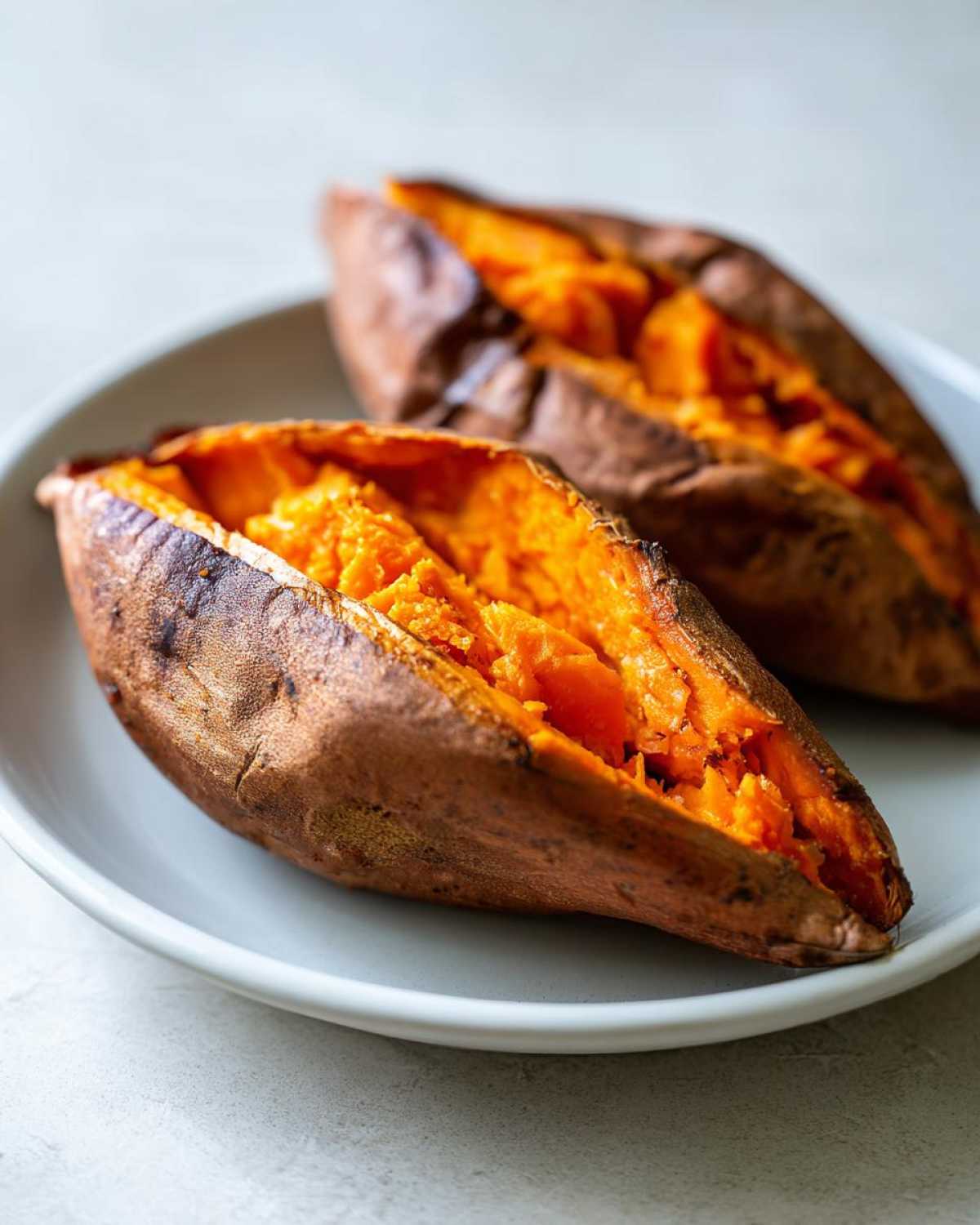 Close-up of a perfectly baked sweet potato, split open to show the fluffy orange interior seasoned with pepper.