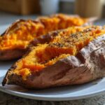 Two halves of perfectly baked sweet potatoes, split open to show fluffy orange flesh topped with herbs.