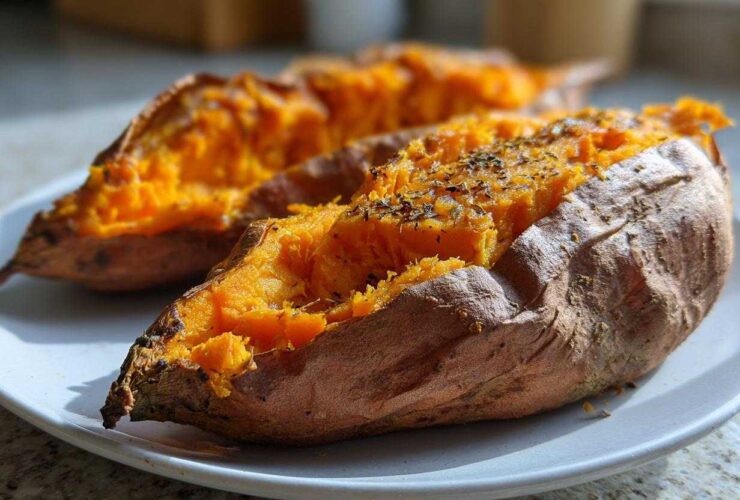 Two halves of perfectly baked sweet potatoes, split open to show fluffy orange flesh topped with herbs.