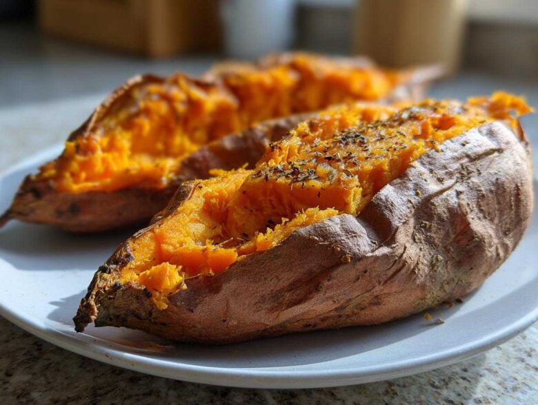 Two halves of perfectly baked sweet potatoes, split open to show fluffy orange flesh topped with herbs.