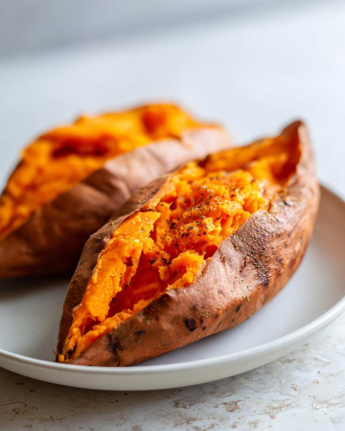 Close-up of a perfectly baked sweet potato, split open to show the fluffy orange interior seasoned with pepper.