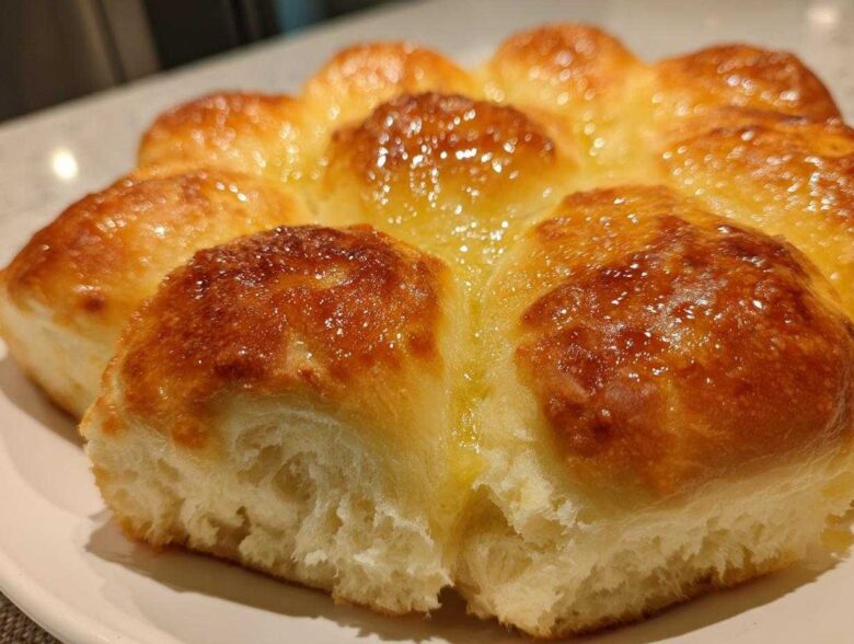 Close-up of freshly baked, golden-brown dinner rolls, glistening with melted butter.