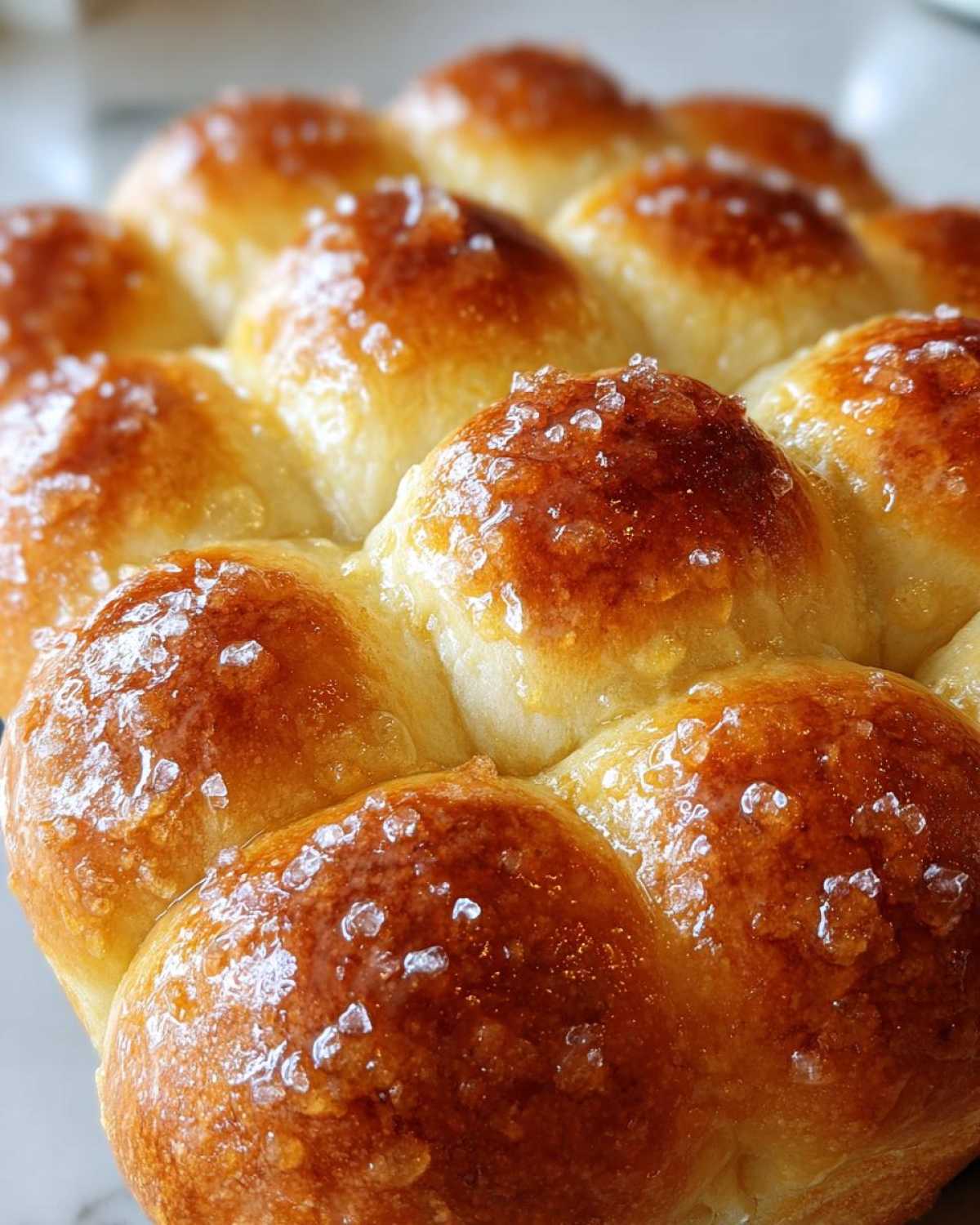 Close-up of golden brown, buttery dinner rolls topped with coarse sea salt crystals.