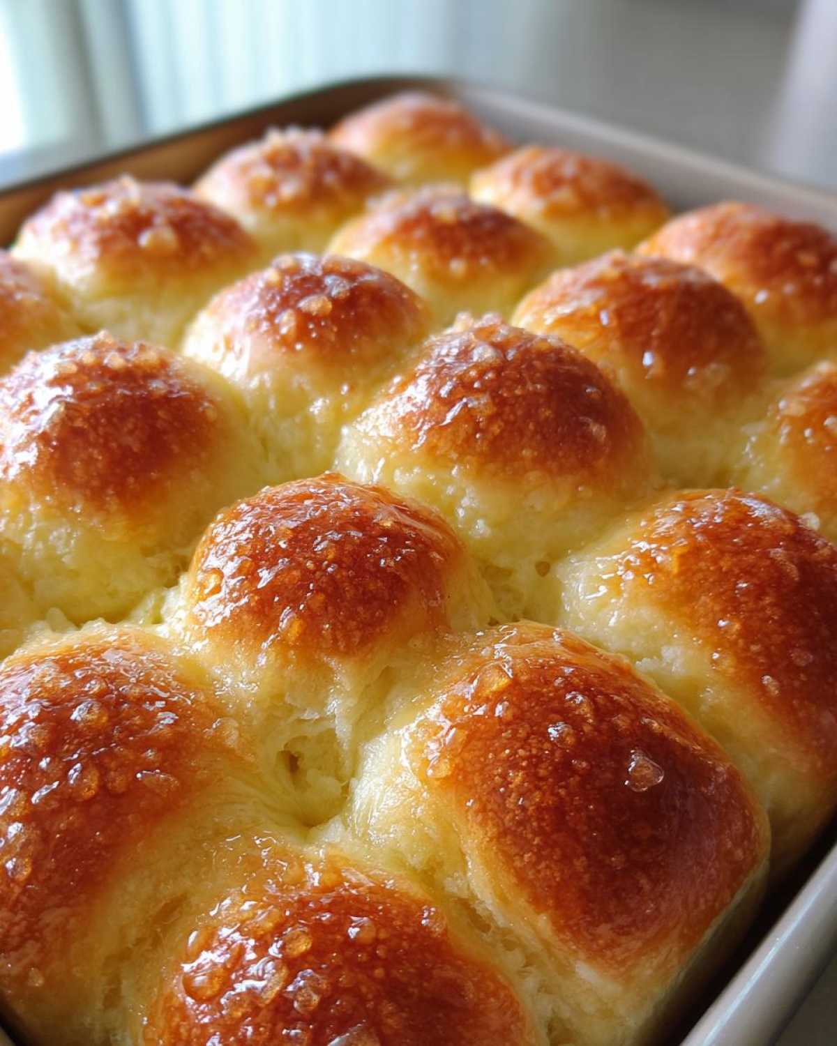 Close-up of freshly baked, golden brown dinner rolls topped with a shiny butter glaze and coarse sugar.