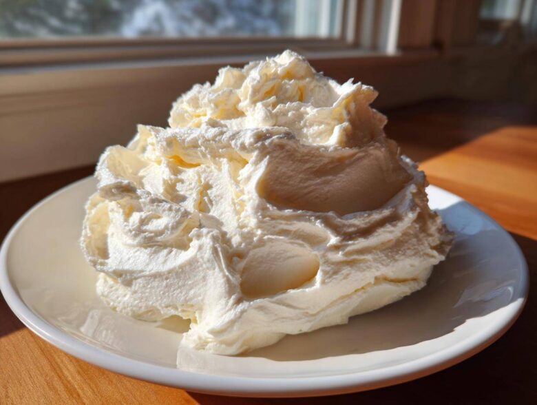 A large, fluffy mound of freshly made cream cheese frosting piled high on a white plate.