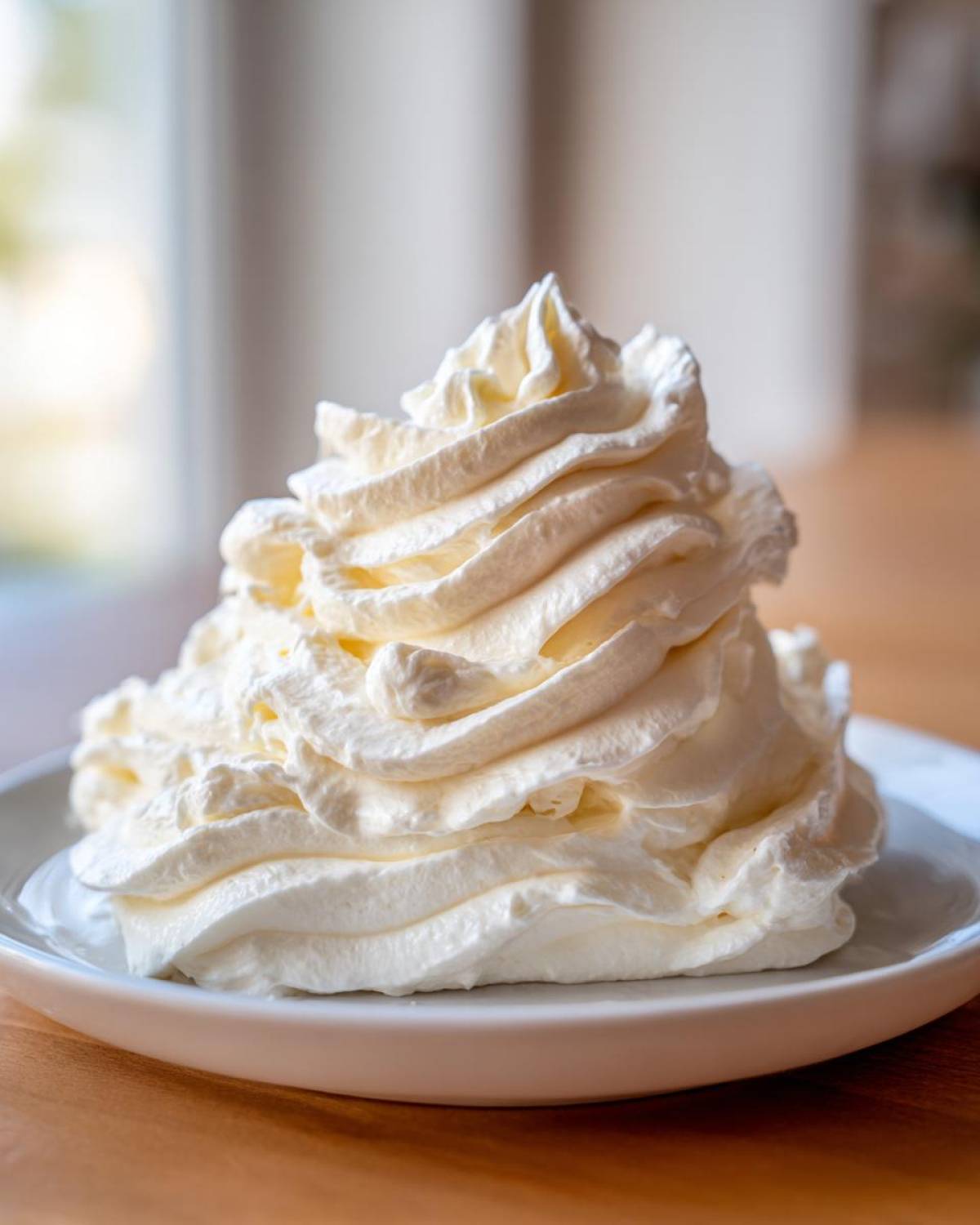 A large, perfectly piped swirl of white, fluffy cream cheese frosting sitting on a small white plate.