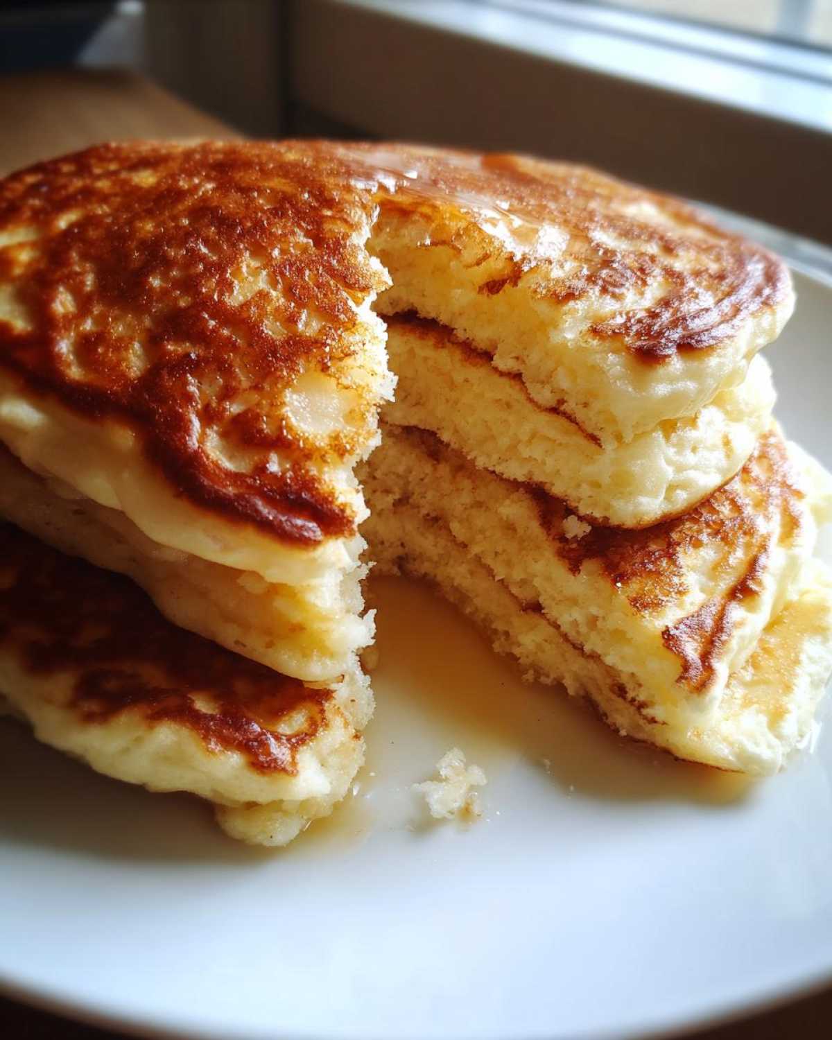 Close-up of a fluffy stack of greek yogurt pancakes with a piece removed, drizzled with syrup on a white plate.